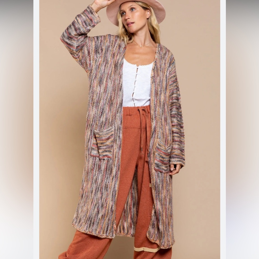 POL Multicolored Bohemian Long Open Front Cardigan Sweater Size M.